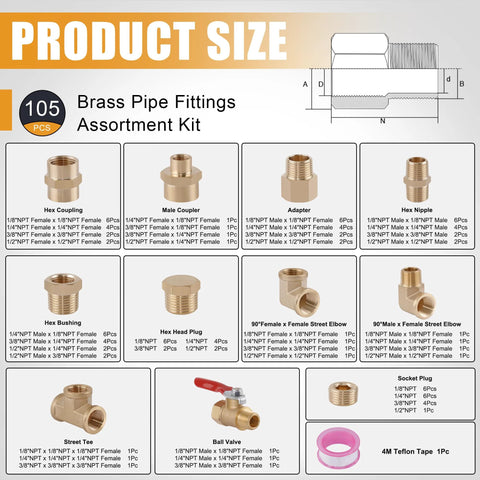 Brass pipe fittings assortment kit, 105 pcs, includes hex coupling, adapters, street elbows, tee, ball valve, plugs.