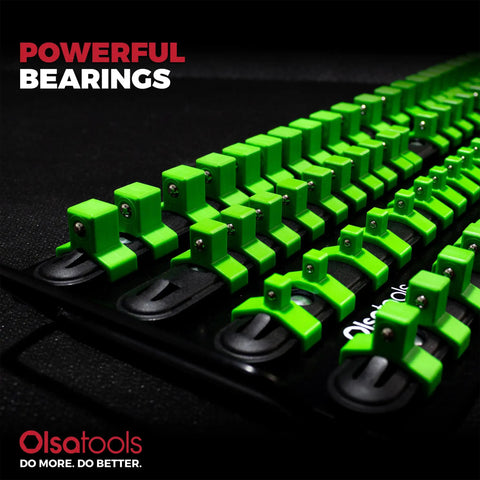 Grab And Go Portable Socket Organizer Tray With Black Rails And Green Clips That Holds Eighty Sockets A Pro Grade Socket Holder
