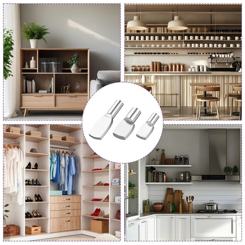 48 Pack Beefy Stainless Steel Shelf Support Pins With Spoon Shape Design For Cabinet And Bookshelf Upgrades shown in stylish interiors.