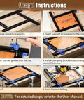 Buttery Smooth Adjustable Router Jig For Cutting Board Handles Corner Guide showing usage instructions with setup steps and tools.
