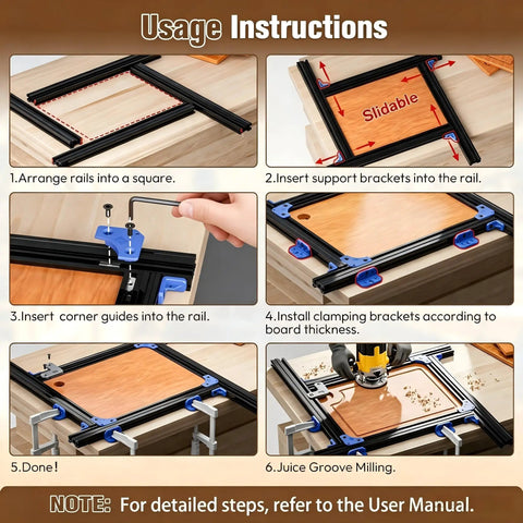 Buttery Smooth Adjustable Router Jig For Cutting Board Handles Corner Guide showing usage instructions with setup steps and tools.