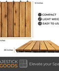Interlocking Acacia Deck Tiles 12 x 12 inch with dimensions, brown slats, raised base, and compact design