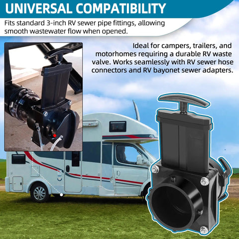 3-Inch RV Waste Valve Body with Handle for Mess-Free Sewer Connection installed on camper