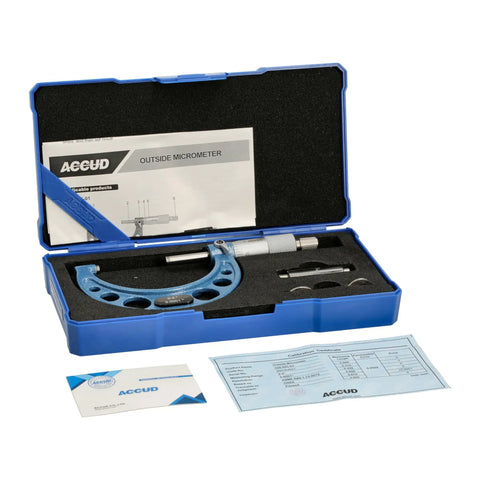 Outside Micrometer 2 To 3 Inch Measuring Range With 0.0001 Inch Graduation Ultra Precision Machinist Tool With Carbide Tips Vernier Scale Ratchet Stop And Case Included displayed in open blue case with accessories.
