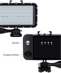 Underwater Video Light With 72 LED Five Color Modes Waterproof To 45m For GoPro Cameras, showing front and back with controls.