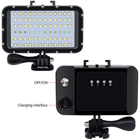 Underwater Video Light With 72 LED Five Color Modes Waterproof To 45m For GoPro Cameras, showing front and back with controls.