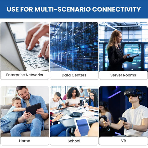 Image showing diverse connectivity scenarios for High Speed Cat6 Ethernet Patch Cable 6 Ft 2 Pack, including home, school, and VR use.