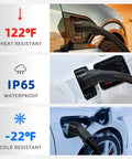 Tesla To J1772 Charging Adapter 60 Amp Plug And Play Ev Converter Weatherproof Ip65 Level 2 Electric Vehicle Connector showing heat resistance, waterproof, and cold resistance details.
