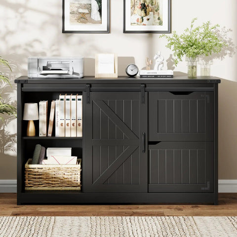 Rustic Farmhouse File Cabinet With Sliding Barn Door For Home Office Storage Heavy Duty Filing Stand with three drawers.