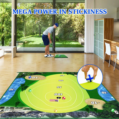 Chipping Golf Game Set With Hitting Mat And Double Sided Practice Mat 70 By 70 Inch Indoor Outdoor Training Kit with sticky balls in room