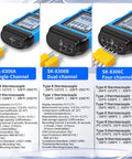 Pro Grade Digital Thermocouple Thermometer With K And J Type Probes, displaying single, dual, and four-channel models.