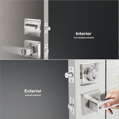 Exterior Door Lock Set With Deadbolt And Entry Lever In Satin Nickel Finish, showing interior turn button and exterior keyed lock.