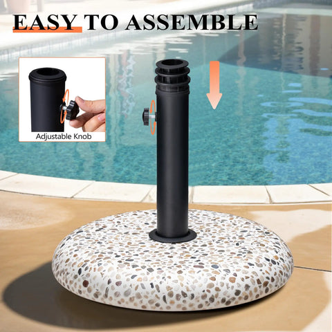 45Lbs Concrete Umbrella Base With Cobblestone Decor Heavy Duty Outdoor Umbrella Stand by poolside, adjustable knob detail