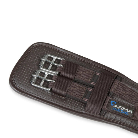 Close-up of buckles on Anti-Chafe Dressage Girth With Elastic Ends, Quick-Dry Fleece-Lined Comfort, Stainless Steel Buckles, Brown 20 Inch.