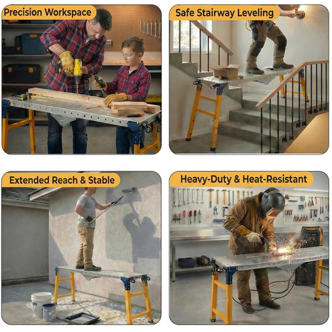 Heavy Duty Foldable Work Platform And Rolling Welding Station With Rock Solid 1200 Pound Capacity Adjusts 29 To 48 Inches High, multiple uses in workspace settings.