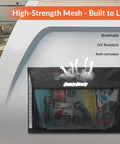 Heavy-Duty Boat Storage Bag With Full Enclosure Lid 18x12 Inches Self-Adhesive Organizer installed on a boat wall