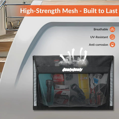 Heavy-Duty Boat Storage Bag With Full Enclosure Lid 18x12 Inches Self-Adhesive Organizer installed on a boat wall