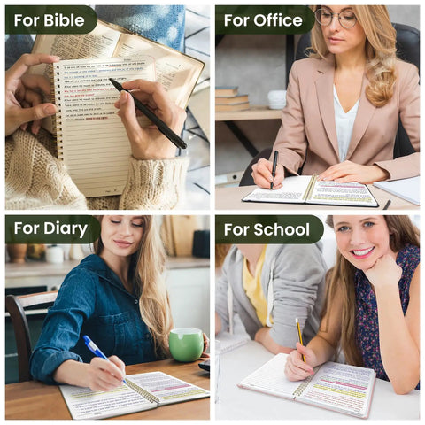 Premium Spiral Notebook And College Ruled Journal Featuring Slick Water Resistant Cover Real Smooth Writing Paper Twin Wire Binding That Lay Completely Flat For Hassle Free Studying And Work used in various settings like Bible study, office, school, and diary.