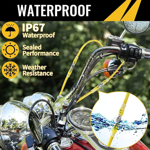 Waterproof Self Soldering Heat Shrink Solder Seal Wire Connectors Bundle installed on motorcycle handlebars