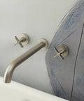 Wall Mount Tub Filler With Two Cross Handles, Extra Long 11 Inch Spout, High Flow Tub Faucet With Nickel Brushed Finish on wall