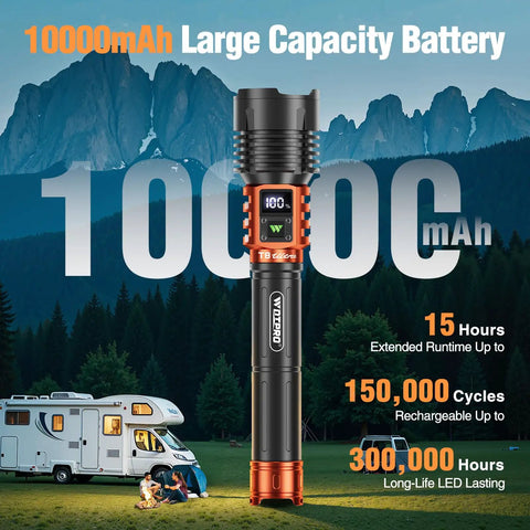 Rechargeable LED Flashlight 90,000LM Beast Bright With LCD Display shown in front of mountains, highlighting 10000mAh battery capacity.