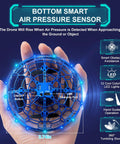 Hand Operated Flying Toy Drone For Kids With Gesture Control And 360 Degree Motion Sensors LED Lights Easy Indoor UFO Ball Drone For Ages 6 To 10 And Up Kid Friendly Blue showcased in hand for size reference.