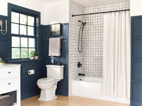 Matte Black Three Point Five Inch Six Function Detachable Handheld Showerhead With Magnetic Docking System displayed in modern bathroom