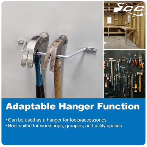 Hammers on wall-mounted adaptable metal hanger in workshop setting