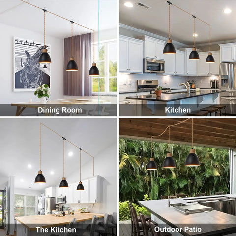 Three Light Plug In Pendant Light With Twisted Hemp Rope, 22 Ft Hanging Lamp, Industrial Black Finish in dining room, kitchen, and patio
