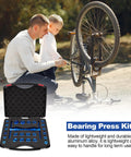 Father and son using 25 Piece Bicycle Bearing Press Kit For Wheel Hubs And Bottom Brackets With Cone Design Blocks in aluminum CNC case