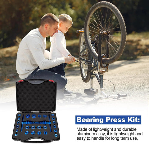 Father and son using 25 Piece Bicycle Bearing Press Kit For Wheel Hubs And Bottom Brackets With Cone Design Blocks in aluminum CNC case