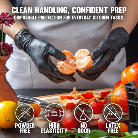 Top Shelf Heavy Duty Nitrile Barber Gloves Latex Free Box Of One Hundred Black Salon Hair Dye Chemical Protection Barriers with Non Slip Grip, used for food prep.
