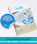 Varify Pool & Spa Water Care Handbook with instructions, featuring cover and eBook offer, lying on a white surface.