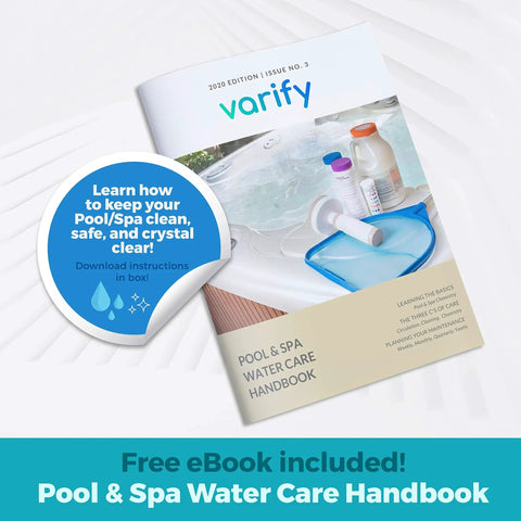 Varify Pool & Spa Water Care Handbook with instructions, featuring cover and eBook offer, lying on a white surface.