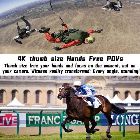 Skydivers and horseback rider using Ultra Compact 4K Sports Action Camera With 140 Degree Wide Angle, Wearable Body Cam For Cycling, Travel.