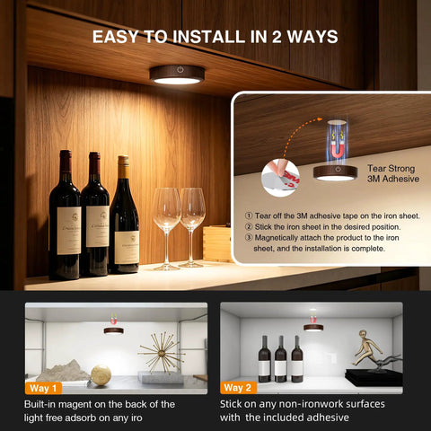 Rechargeable Wireless Puck Lights With Remote Control, Sweet Smooth Glow Under Cabinet Lighting, 3 Color Dimmable Peel And Stick Pad For Kitchen Counter Closet Shelf 2 Pack installation guide with wine bottles and glasses.