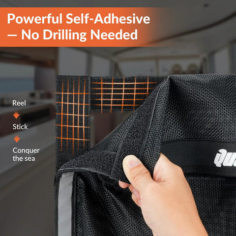 Person holding Heavy-Duty Boat Storage Bag With Full Enclosure Lid 18x12 Inches Self-Adhesive Organizer For Tackle Tools Gear