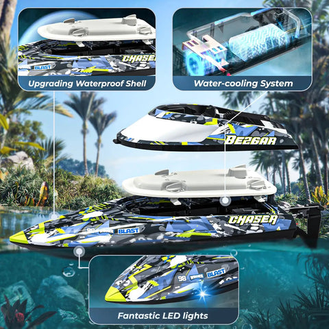 High Speed Remote Control Boat For Lakes And Pools With Portable Carry Case, featuring waterproof shell and LED lights.