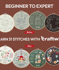 Beginner Friendly Embroidery Kit With 4 Pre Printed 12x12 Cloths, 7.8 Inch Hoop showing before and after stitching results.