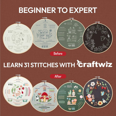 Beginner Friendly Embroidery Kit With 4 Pre Printed 12x12 Cloths, 7.8 Inch Hoop showing before and after stitching results.