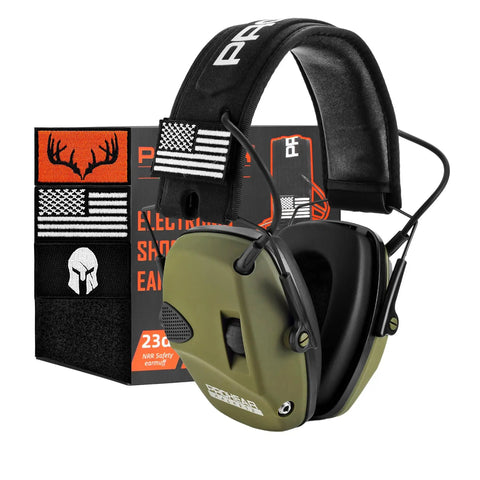 Electronic Ear Protection For Shooting With 4X Sound Amplification And Gun Range Hearing Muffs NRR 23dB Noise Reduction Headphones For Hunting So You Can Hear Conversations Clearly Green, shown with packaging