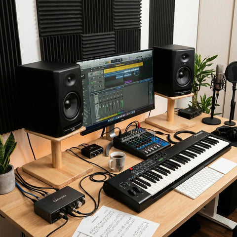 Solid Wood Desktop Speaker Stands With Natural Style And 360 Degree Rotatable Top Plate For Medium To Large Desk Speakers And Studio Monitors In Walnut Brown Finish on a studio desk with equipment