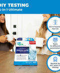 Straight Up Pro 14 In 1 Drinking Water Test Kit For Quick Lead And Bacteria Checks In City Tap Or Well Water Plus pH Hardness And Nitrates Testing Kit displayed on a table with two women holding cups.