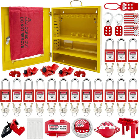 All In One Lockout Tagout Station Kit with Board Locks 80 Pcs includes hasps, tags, and big yellow station on display