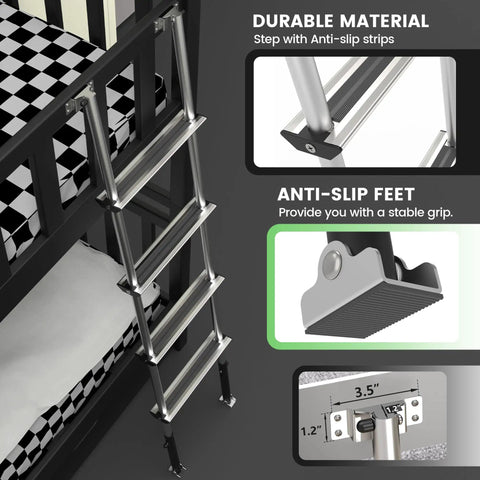 Lightweight Aluminum RV Bunk Ladder With 4 Steps, 3 Fixed Height Settings (59.5, 60.5, 61.5 Inches), Anti-Slip Rungs For Safety, Easy Pre-Assembled Install, Perfect For Bunk Beds, Campers, Dorms, And Kids Rooms. attached to bunk bed with anti-slip feet