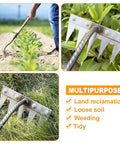 Tough As Nails Heavy Duty Iron Weeding Rake With Five Tines For Weeding Soil Loosening Ground Leveling And Dethatching Durable High Carbon Manganese Steel Garden Tool For Yard Lawn And Planting Projects in use and close-up shot on plants