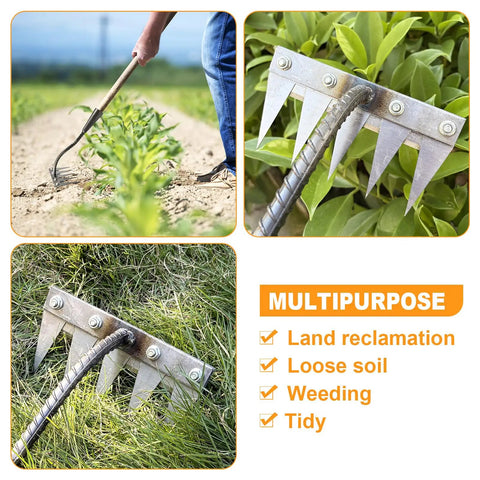 Tough As Nails Heavy Duty Iron Weeding Rake With Five Tines For Weeding Soil Loosening Ground Leveling And Dethatching Durable High Carbon Manganese Steel Garden Tool For Yard Lawn And Planting Projects in use and close-up shot on plants
