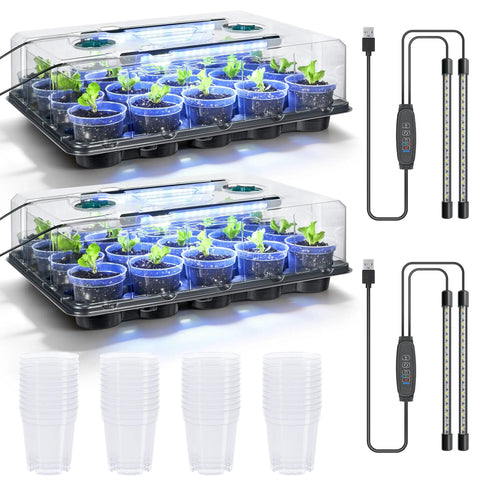 Two Pack 3 Inch Seed Starter Trays With Grow Lights And Humidity Domes, 40 Clear Nursery Pots, 20 Cell Trays, Plastic Germination Kit