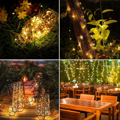 Four Pack Solar Fairy Lights Outdoor 33 Ft 100 LED Copper Wire String Lights Waterproof With 8 Modes For Trees Patio Yard Wedding Christmas Party Warm White illuminating garden and patio areas