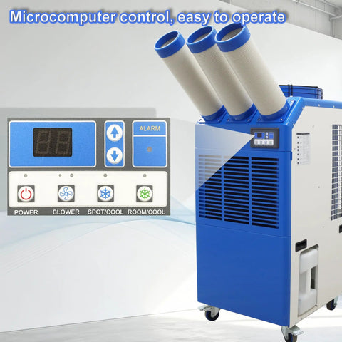 Heavy Duty Portable Spot Cooler With Twenty Two Thousand BTU Industrial Air Conditioner control panel and exhaust hoses.